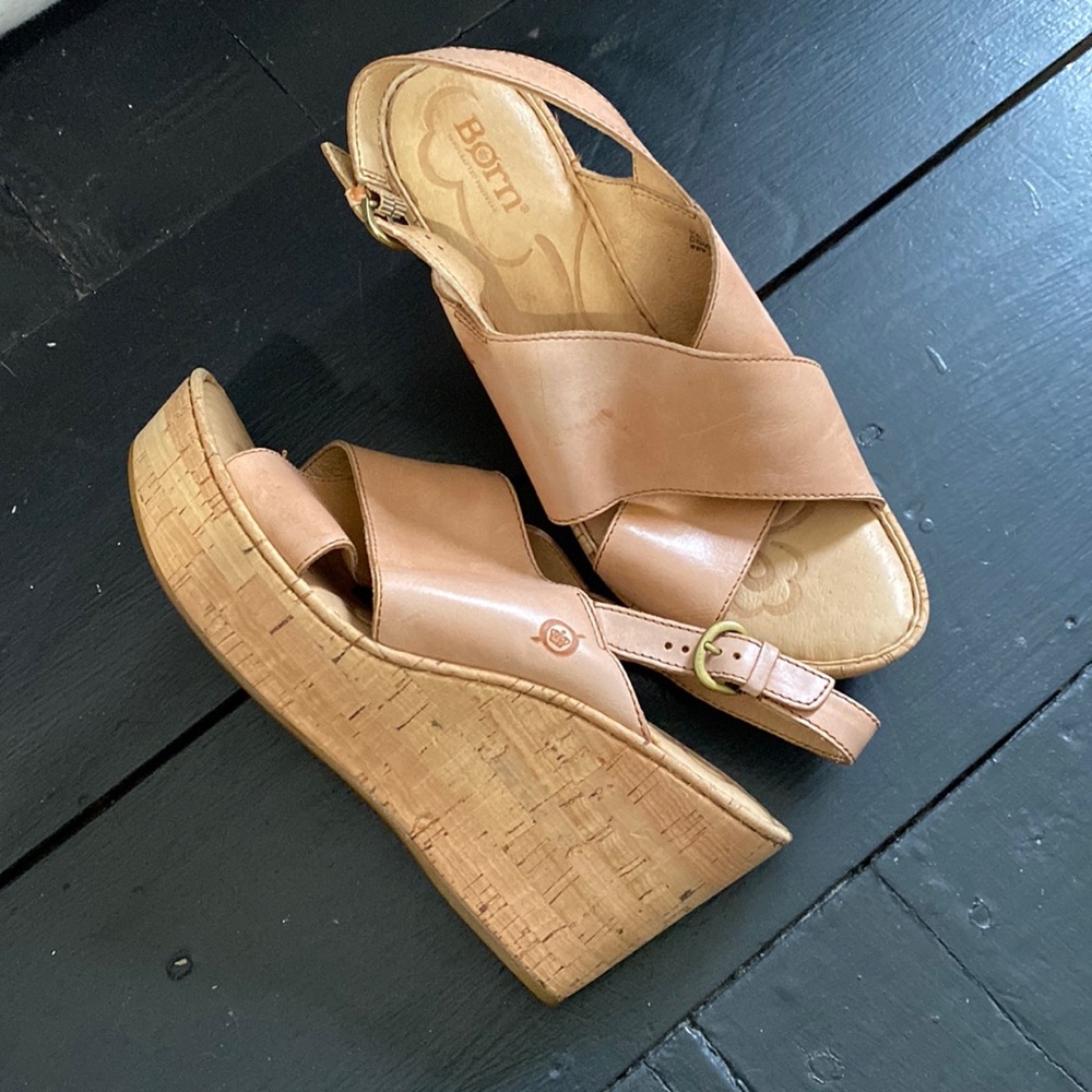 Born cork wedges. Leather straps. Size 10